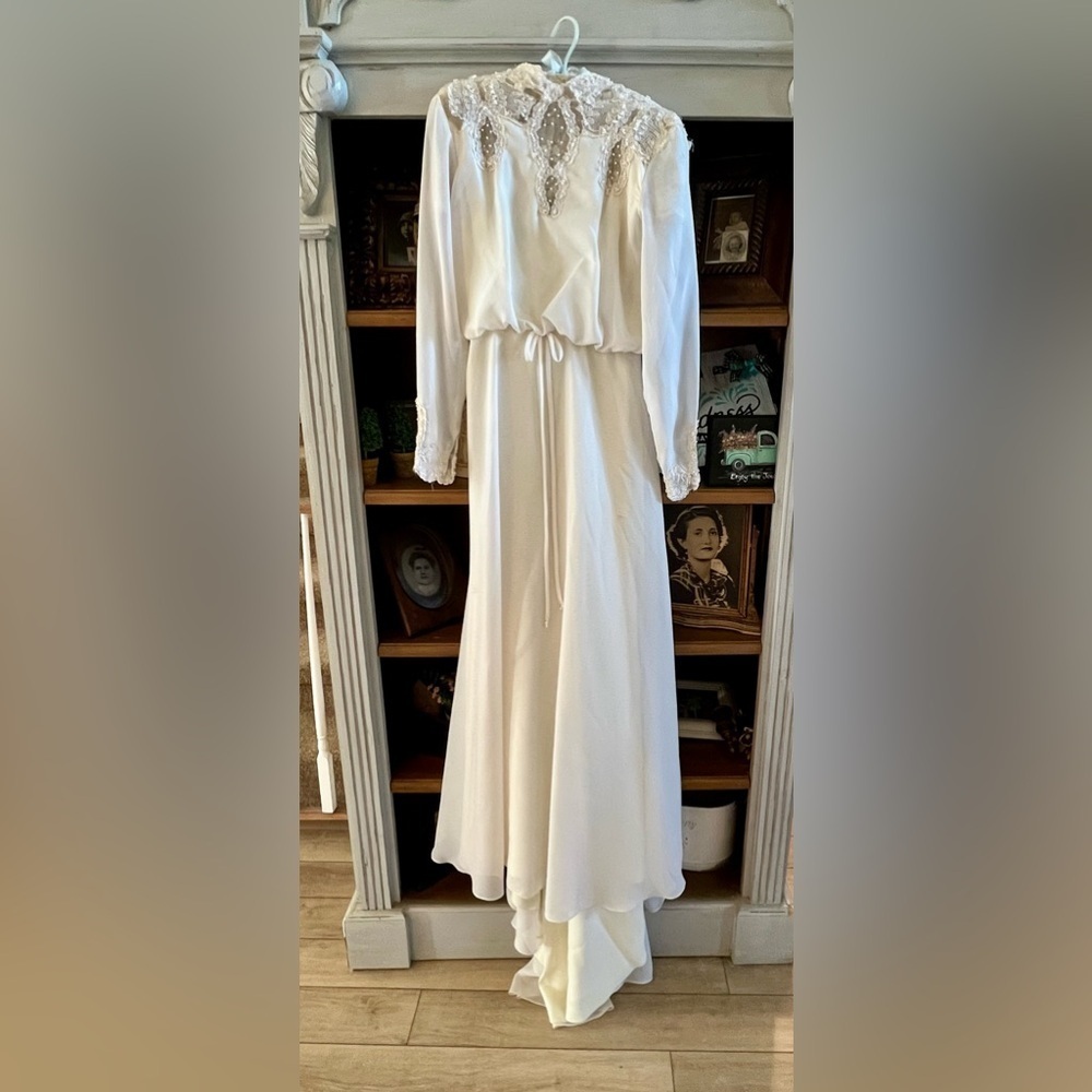 CHRISTOS BRIDAL COUTURE Ivory Long Wedding Dress Vintage High Neck, Long Sleeves